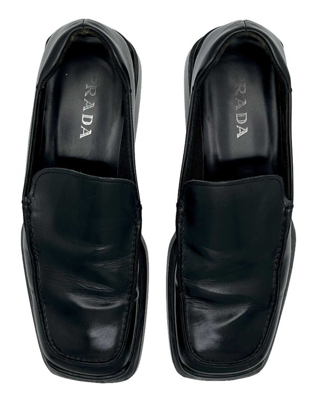 VINTAGE PRADA BLACK LEATHER SQUARE TOE LOAFERS MENS 11